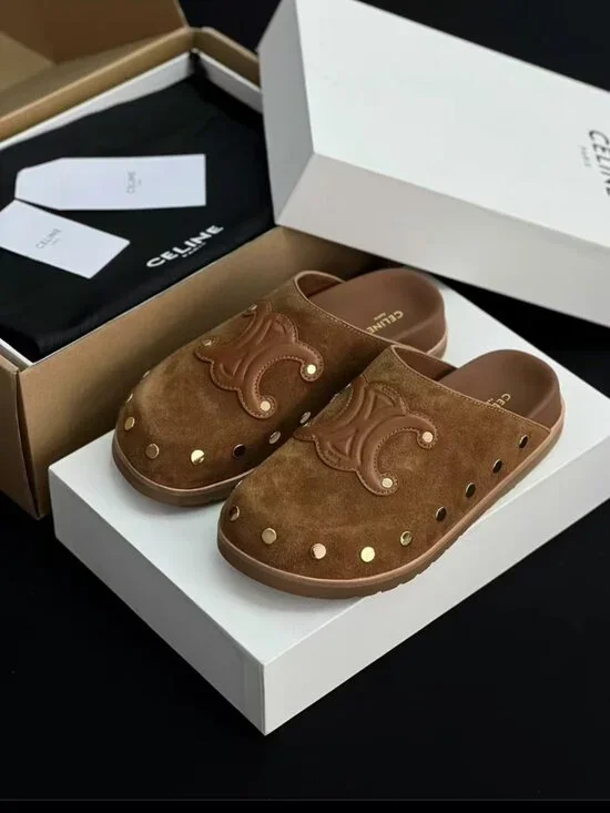 CELINE Brown Suede Studs Slide Mules - Picture 7 of 8